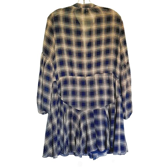 Aakaa Navy Mocha Plaid Peasant Sleeve Drawstring Lightweight Short Dress Size S - Picture 3 of 3
